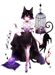 Rule 34 | 1girl, animal ears, artist name, bare arms, bare shoulders, birdcage, black cat, black hair, black skirt, cage, card, cat, cat ears, clothing cutout, commentary, crossed legs, crystal ball, full body, hair between eyes, highres, original, red eyes, sheya, shirt, short hair, shoulder cutout, signature, simple background, skirt, skirt hold, skull, solo, standing, watson cross, white background, white shirt