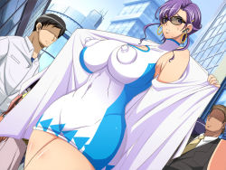 Rule 34 | 1girl, bare shoulders, bodysuit, breasts, chiro (youkai tamanokoshi), city, dress, earrings, covered erect nipples, game cg, glasses, jewelry, mature female, multiple boys, open clothes, outdoors, public indecency, purple eyes, purple hair, short hair, standing, tsumadori