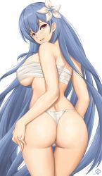 Rule 34 | 1girl, alternate costume, arcie albano, artist logo, ass, ass grab, azur lane, blue hair, breasts, chest sarashi, cowboy shot, flower, from behind, fundoshi, grabbing own ass, hair between eyes, hair flower, hair ornament, highres, japanese clothes, large breasts, long hair, looking at viewer, looking back, midriff sarashi, mixed-language commentary, open mouth, purple eyes, sarashi, simple background, smile, solo, teeth, thigh gap, upper teeth only, very long hair, voroshilov (azur lane), white background