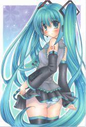 Rule 34 | 1girl, aqua eyes, aqua hair, ass, blush, detached sleeves, female focus, from behind, gradient background, hatsune miku, headset, long hair, looking back, necktie, panties, pantyshot, shinonome86, skirt, solo, striped clothes, striped panties, thighhighs, traditional media, twintails, underwear, very long hair, vocaloid