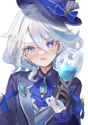 Rule 34 | 1girl, arm at side, ascot, black gloves, blue ascot, blue brooch, blue eyes, blue hair, blue hat, blue jacket, blush, cup, drink, drinking glass, furina (genshin impact), genshin impact, gloves, hair intakes, hand up, hat, head tilt, heterochromia, highres, holding, holding drink, jacket, long sleeves, looking at viewer, medium hair, multicolored hair, nikoge (25ge dayo), nose blush, open mouth, portrait, rectangular mouth, shirt, simple background, solo, tearing up, teeth, top hat, two-tone hair, upper teeth only, v-shaped eyebrows, white background, white hair, white shirt, wine glass