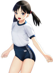 Rule 34 | 1girl, :d, black hair, blue eyes, buruma, female focus, gym uniform, highres, looking at viewer, maburu (lojyq1eur3e8bit), open mouth, original, shirt tucked in, simple background, smile, solo, thighs, twintails, white background