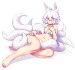 Rule 34 | 1girl, ahoge, animal ears, barefoot, bikini, blush, breasts, closed mouth, commentary request, dev (dev0614), eyes visible through hair, fox ears, fox tail, full body, hair between eyes, hand on own leg, hand up, highres, kitsune, kyuubi, looking at viewer, lying, medium breasts, multiple tails, on back, original, shadow, simple background, smile, solo, striped bikini, striped clothes, sweat, swimsuit, tail, white background, yellow eyes