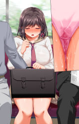 Rule 34 | 1girl, 2boys, aneshiko, bag, blush, braid, breasts, breath, briefcase, brown hair, brown sailor collar, brown skirt, chikan, clenched hands, close-up, closed eyes, collarbone, drooling, erect clitoris, hair ribbon, hand up, hetero, highres, holding, holding bag, indoors, knees together feet apart, large breasts, long sleeves, miniskirt, multiple boys, multiple views, necktie, nose blush, open mouth, original, panties, pink panties, pink ribbon, pleated skirt, pussy juice, red necktie, ribbon, sailor collar, saliva, school bag, school briefcase, school uniform, seat, serafuku, shiny clothes, shirt, short hair, sidelocks, single braid, sitting, skirt, solo focus, straight-on, sweat, tears, train interior, trembling, u u, underwear, wet, wet clothes, wet panties, white shirt, window