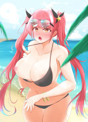 Rule 34 | 1girl, absurdres, areola slip, azur lane, beach, bikini, black bikini, black ribbon, blue sky, blush, breasts, eyewear on head, hair ornament, hair ribbon, highres, honolulu (azur lane), honolulu (summer accident?!) (azur lane), huge breasts, huge filesize, kaize-o, long hair, looking at viewer, nipples, ocean, official alternate costume, one breast out, open mouth, pulling own clothes, red hair, ribbon, sand, sky, solo, star (symbol), star hair ornament, strap pull, sunglasses, swimsuit, thigh gap, twintails, very long hair, water, yellow eyes