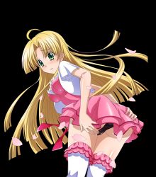 Rule 34 | 10s, 1girl, ahoge, asia argento, ass, black panties, blonde hair, blush, cherry blossoms, dress, floating hair, green eyes, high school dxd, leaning forward, long hair, panties, pink dress, solo, standing, transparent background, underwear, very long hair, white legwear