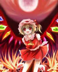 Rule 34 | 1girl, blonde hair, blush, bow, crystal, fang, female focus, fire, flandre scarlet, full moon, highres, marionette (excle), marionette ex, moon, ponytail, red eyes, red sky, ribbon, short hair, side ponytail, skull, sky, solo, touhou, wings
