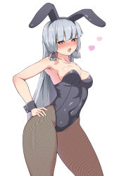 Rule 34 | 1girl, animal ears, armpits, bare shoulders, black leotard, black pantyhose, blunt bangs, blush, breasts, brown eyes, cleavage, covered navel, cowboy shot, fake animal ears, fishnet pantyhose, fishnets, hair ribbon, half-closed eyes, hand on own hip, headgear, heart, heart-shaped pupils, highres, jito mesuki nitouhei, kantai collection, leotard, lips, long hair, looking at viewer, medium breasts, murakumo (kancolle), murakumo kai ni (kancolle), open mouth, pantyhose, playboy bunny, rabbit ears, ribbon, round teeth, sidelocks, silver hair, simple background, solo, standing, strapless, strapless leotard, symbol-shaped pupils, teeth, thighs, tress ribbon, very long hair, white background, wide hips, wrist cuffs