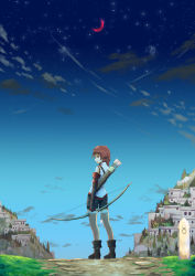 Rule 34 | 10s, 1girl, boots, bow, cloud, from behind, hai to gensou no grimgar, highres, house, landscape, looking back, lynx (1991deathknight), moon, night, night sky, outdoors, path, quiver, red eyes, red hair, red moon, road, shorts, sky, solo, star (sky), thighhighs, town, tree, twilight, yume (grimgar), zettai ryouiki