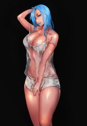 Rule 34 | 1girl, a-line, bare shoulders, blue eyes, blue hair, blue lips, breasts, cleavage, covered navel, highres, huge breasts, long hair, looking at viewer, matching hair/eyes, original, parted lips, solo, standing