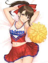 Rule 34 | 1girl, armpits, arms up, bed sheet, breasts, brown eyes, brown hair, cheerleader, cleavage, collarbone, commentary request, hair ribbon, long hair, looking at viewer, lying, medium breasts, midriff, multicolored shirt, navel, on back, on bed, original, panties, pantyshot, pom pom (cheerleading), ponytail, red ribbon, red shirt, red skirt, ribbon, shirt, skirt, sleeveless, sleeveless shirt, smile, solo, tony taka, underwear, white panties, white shirt