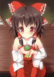 Rule 34 | 1girl, ascot, blush, bow, brown eyes, brown hair, closed mouth, collar, collared shirt, commentary request, cookie (touhou), cup, detached sleeves, dress, feet out of frame, frilled bow, frilled collar, frills, from above, green tea, hair bow, hakurei reimu, highres, holding, holding cup, looking down, medium hair, porch, red bow, red dress, reu (cookie), ribbon-trimmed sleeves, ribbon trim, shirt, shouji, sitting, sleeveless, sleeveless dress, sliding doors, smile, solo, szk, tea, touhou, white sleeves, wooden floor, yellow ascot, yunomi