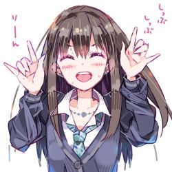 Rule 34 | 1girl, :d, \m/, ^ ^, brown hair, cardigan, closed eyes, double \m/, closed eyes, haruse hiroki, idolmaster, idolmaster cinderella girls, jewelry, loose necktie, love live!, love live! school idol project, necklace, necktie, nico nico nii, open mouth, parody, shibuya rin, smile, solo, source quote parody, translated