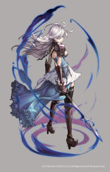 Rule 34 | 10s, 1girl, 2015, armor, armored boots, black thighhighs, blue eyes, boots, breasts, chain, company name, english text, expressionless, fei (idws321), full body, grey background, grey hair, high heel boots, high heels, highres, holding, holding sword, holding weapon, knee boots, long hair, simple background, solo, square enix, standing, sword, thighhighs, watermark, weapon
