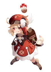 Rule 34 | 1girl, absurdres, backpack, bag, blonde hair, blush, brown footwear, brown gloves, cabbie hat, dress, genshin impact, gloves, hat, hat ornament, highres, klee (genshin impact), licking lips, low twintails, randoseru, red dress, red eyes, suigetsu (hjs1106), throwing, tongue, tongue out, twintails, white background