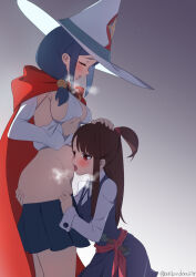 Rule 34 | 2girls, arikindows10, artist name, ass grab, blue eyes, breasts, brown hair, cape, closed eyes, clothes pull, from side, grabbing, hand on another&#039;s ass, hand on another&#039;s head, hat, highres, kagari atsuko, licking, licking stomach, little witch academia, medium breasts, multiple girls, no panties, red eyes, skirt, skirt pull, tongue, tongue out, ursula callistis, witch hat, yuri