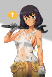 Rule 34 | 1girl, ?, artist name, bad id, bad pixiv id, blouse, breasts, brown hair, closed mouth, clothes around waist, collared shirt, covered erect nipples, covered navel, dark-skinned female, dark skin, dirty, dirty clothes, dirty face, frown, girls und panzer, green eyes, highres, holding, hoshino (girls und panzer), jazz jack, jumpsuit, long sleeves, looking at viewer, mechanic, medium breasts, nipples, no bra, orange jumpsuit, over shoulder, see-through, shirt, short hair, signature, simple background, solo, spoken question mark, sweat, tank top, tied shirt, uniform, upper body, wet, wet clothes, wet shirt, white background, white shirt, wrench