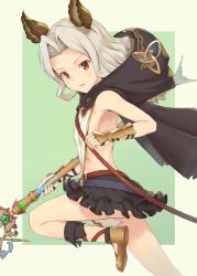 Rule 34 | 1girl, animal ears, backless outfit, bare shoulders, black cape, black skirt, blush, breasts, brown footwear, cape, commentary request, granblue fantasy, hand up, highres, holding, holding staff, hood, hood down, hooded cape, long hair, looking at viewer, looking to the side, parted bangs, parted lips, pleated skirt, red eyes, sakunohi no moon, scathacha (granblue fantasy), shoes, silver hair, skirt, small breasts, solo, staff, standing, standing on one leg