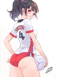 Rule 34 | 1girl, ass, ball, black hair, brown eyes, buruma, from behind, gym shirt, gym uniform, hair ornament, hairclip, highres, holding, holding ball, looking at viewer, looking back, parted lips, persona, persona 5, ponytail, qoo1234, red buruma, shirt, short sleeves, solo, suzui shiho, volleyball (object)
