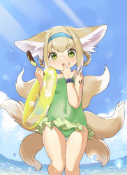 Rule 34 | 1girl, :o, animal ear fluff, animal ears, animal print, arknights, bare arms, bare shoulders, blue hairband, blue sky, blue wristband, blush, braid, braided hair rings, brown hair, casual one-piece swimsuit, chocolate banana, cloud, collarbone, commentary request, covered navel, covering own mouth, day, feet out of frame, food, fox ears, fox girl, fox tail, frilled one-piece swimsuit, frilled swimsuit, frills, green eyes, green one-piece swimsuit, hair rings, hairband, hand to own mouth, hands up, highres, holding, holding food, holding swim ring, horizon, innertube, kitsune, lens flare, looking at viewer, ocean, one-piece swimsuit, outdoors, parted lips, print innertube, rabbit print, sakurami sumi, sidelocks, sky, solo, standing, suzuran (arknights), swim ring, swimsuit, tail, twin braids, water, wristband, yellow innertube