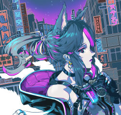 Rule 34 | 1girl, absurdres, animal ear fluff, animal ears, billboard, black choker, black gloves, black jacket, blue eyes, blue hair, blue nails, building, choker, cityscape, closed mouth, cocomeen, colored skin, commentary, ear piercing, earrings, english commentary, fingerless gloves, fingernails, fox ears, fox girl, fox tail, from side, gloves, hair ribbon, hand up, highres, holding, holding mask, hood, hood down, hooded jacket, jacket, jewelry, looking at viewer, looking to the side, mask, medium hair, mouth mask, multicolored hair, multiple tails, nail polish, open clothes, open jacket, original, outdoors, piercing, pink hair, pink lips, pink pupils, ponytail, portrait, radio antenna, ribbon, sidelocks, sign, solo, star (sky), streaked hair, tail, translation request, unworn mask, white ribbon, white skin, white tail, yellow gemstone, zipper