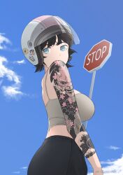 Rule 34 | 1girl, absurdres, arm tattoo, artist name, bare arms, bare shoulders, black hair, black pants, blue eyes, blue sky, breasts, camisole, cowboy shot, day, from side, helmet, highres, large breasts, lexielex, looking at viewer, looking to the side, original, outdoors, pants, road sign, short hair, sign, sky, solo, stop sign, tattoo