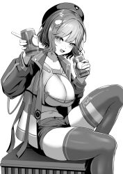 Rule 34 | 1girl, :d, absurdres, ahoge, anis (nikke), beret, black shorts, blush, breasts, can, cleavage, crop top, drink can, goddess of victory: nikke, greyscale, hat, highres, holding, jacket, large breasts, monochrome, open mouth, rorimo, shirt, short hair, short shorts, shorts, sitting, smile, soda can, solo, thigh strap, thighhighs, thighs