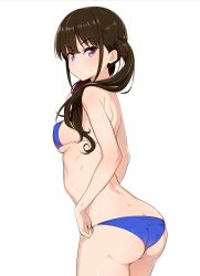 Rule 34 | 1girl, ass, bikini, black hair, blue bikini, butt crack, commentary request, cowboy shot, hair over shoulder, highres, inoue takina, kurihara kenshirou, long hair, looking at viewer, lycoris recoil, purple eyes, simple background, solo, standing, swimsuit, white background