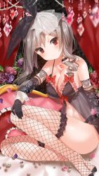 Rule 34 | 10s, 1girl, babydoll, bad id, bad pixiv id, blush, breasts, drill hair, elbow gloves, fishnet thighhighs, fishnets, frilled thighhighs, frills, gloves, idolmaster, idolmaster cinderella girls, kanzaki ranko, long hair, looking at viewer, melang b, petals, red eyes, silver hair, smile, solo, thighhighs, twin drills, twintails, veil