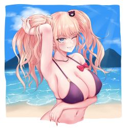 Rule 34 | 1girl, 7cs (congchuabuoito), arm up, beach, bear hair ornament, between breasts, bikini, black hair, blonde hair, blue eyes, blush, breasts, chibi, collarbone, commentary, cropped torso, danganronpa (series), danganronpa s: ultimate summer camp, day, enoshima junko, grin, hair ornament, hand in own hair, highres, jewelry, long hair, looking at viewer, mountain, navel, necklace, ocean, official alternate costume, one eye closed, outdoors, purple bikini, red lips, smile, solo, swimsuit, teeth, twintails, upper body