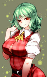 Rule 34 | 1girl, absurdres, ascot, belt, black belt, breasts, brown background, closed mouth, collar, dress, green hair, hair between eyes, hand up, highres, kazami yuuka, large breasts, looking at viewer, plaid, plaid dress, puffy short sleeves, puffy sleeves, raptor7, red dress, red eyes, shirt, short hair, short sleeves, simple background, smile, solo, touhou, white shirt, yellow ascot