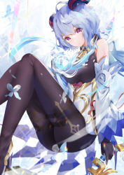 Rule 34 | 1girl, absurdres, ahoge, amos&#039; bow (genshin impact), bare shoulders, bell, black pantyhose, blue hair, bodystocking, bodysuit, bow (weapon), breasts, detached sleeves, feet out of frame, ganyu (genshin impact), genshin impact, gold trim, highres, holding, holding bow (weapon), holding weapon, horns, long hair, looking at viewer, magic, medium breasts, neck bell, orb, pantyhose, purple eyes, sena (sena soar), sidelocks, solo, thighlet, thighs, weapon, white sleeves