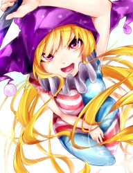 Rule 34 | 1girl, american flag dress, american flag legwear, arm up, blonde hair, clownpiece, dutch angle, fairy wings, from above, hat, hiromaru0322, jester cap, long hair, looking at viewer, open mouth, pantyhose, print pantyhose, purple eyes, short sleeves, simple background, smile, solo, star (symbol), striped clothes, striped pantyhose, touhou, white background, wings