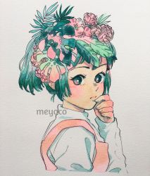 Rule 34 | 1girl, artist name, bad id, bad instagram id, black eyes, flower, green hair, hand on own face, highres, leaf, long sleeves, looking at viewer, meyoco, original, photo (medium), pink flower, shirt, simple background, solo, traditional media, upper body, white background, white shirt