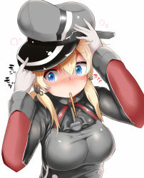 Rule 34 | 10s, 1girl, adjusting clothes, adjusting headwear, anchor hair ornament, blonde hair, blue eyes, blush, breasts, food, food in mouth, gloves, hair ornament, hand on headwear, hat, impossible clothes, kantai collection, long sleeves, low twintails, medium breasts, military, military hat, military uniform, mizuyan, mouth hold, peaked cap, pocky, prinz eugen (kancolle), simple background, solo, twintails, uniform, white background, white gloves