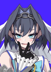Rule 34 | 1girl, black gloves, black hair, blue background, blue eyes, bow, bow earrings, chain, earrings, fang, gloves, hair intakes, highres, hololive, hololive english, jewelry, ouro kronii, smile, twitter username, v over mouth, veil, virtual youtuber, zenox5300