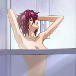Rule 34 | anime screencap, arms behind head, breasts, closed eyes, completely nude, convenient censoring, frosted glass, gundam, gundam seed, gundam seed destiny, lowres, lunamaria hawke, medium breasts, non-web source, nude, red hair, screencap, showering, steam, washing hair, wet, wet hair