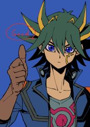 Rule 34 | 1boy, absurdres, black hair, blue background, blue eyes, blue jacket, brown gloves, english text, expressionless, facial mark, facial tattoo, facing viewer, fudo yusei, gloves, hand up, high collar, highres, jacket, looking at viewer, male focus, marking on cheek, multicolored hair, open clothes, open jacket, shirt, short hair, shoulder pads, simple background, solo, speech bubble, spiked hair, streaked hair, tattoo, thumbs up, youko-shima, yu-gi-oh!, yu-gi-oh! 5d&#039;s