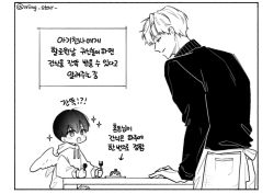 Rule 34 | 2boys, aged down, character request, child, comic, commentary request, food, fork, greyscale, han yoojin, highres, holding, holding fork, holding spoon, hood, hoodie, korean commentary, korean text, long sleeves, looking at another, male focus, ming star, monochrome, multiple boys, naega kiun s geubdeul, open mouth, pants, shirt, simple background, sparkle, spoon, standing, table, translation request, twitter username, white background, wings