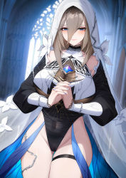 Rule 34 | 1girl, absurdres, aponia (honkai impact), benghuai xueyuan, black leotard, black sleeves, blue eyes, blue nails, breasts, brown hair, cameltoe, character request, chinese commentary, closed mouth, commentary request, covered navel, detached sleeves, eyes visible through hair, hair between eyes, highleg, highleg leotard, highres, honkai (series), honkai impact 3rd, huge breasts, indoors, interlocked fingers, leotard, long bangs, looking at viewer, mole, mole under eye, nail polish, nun, own hands together, see-through, smile, solo, standing, thigh strap, thighs, veil, wu ganlan cai