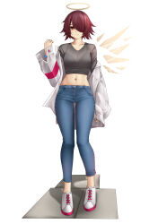 Rule 34 | 1girl, absurdres, arknights, casperrin, collarbone, commentary, crop top, denim, exusiai (arknights), full body, grey shirt, hair over one eye, halo, hand up, highres, jacket, jeans, long sleeves, looking at viewer, midriff, navel, off shoulder, pants, red eyes, red hair, shadow, shirt, shoes, short hair, simple background, smile, sneakers, solo, standing, stomach, thighs, white background, white footwear, white jacket