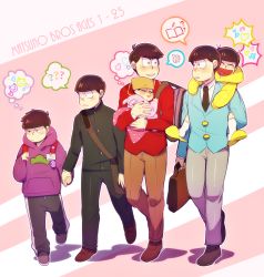 Rule 34 | 10s, 6+boys, aged down, alternate eye color, baby, backpack, bag, beamed quavers, beanie, blanket, blue eyes, book bag, brothers, brown hair, carrying, cat, child, closed eyes, f6 (osomatsu-san), formal, gakuran, green eyes, hat, heart, heart in mouth, highres, holding, holding hands, looking at another, male focus, mat, matsuno choromatsu, matsuno ichimatsu, matsuno jyushimatsu, matsuno karamatsu, matsuno osomatsu, matsuno todomatsu, multiple boys, musical note, nyaph, on shoulder, osomatsu-kun, osomatsu-san, osomatsu (series), pants, purple eyes, quaver, red eyes, school uniform, siblings, sleeping, smile, suit, thinking, thumbs up, track pants, triangle mouth