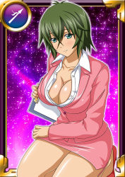 Rule 34 | 00s, 1girl, bare legs, breasts, card (medium), female focus, green hair, ikkitousen, kyocho chuukou, large breasts, looking at viewer, shiny skin, short hair, skirt, solo