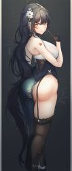 Rule 34 | 1girl, absurdres, alternate costume, animal ears, ass, azuma (azur lane), azuma (soft voice of spring) (azur lane), azur lane, backless dress, backless outfit, bare shoulders, black dress, black gloves, black hair, black thighhighs, blush, breasts, character name, china dress, chinese clothes, dress, finger to mouth, flower, from behind, garter straps, gloves, hair between eyes, hair flower, hair ornament, highres, large breasts, long hair, looking at viewer, looking back, pelvic curtain, saliva, saliva trail, side slit, sleeveless, sleeveless dress, solo, thighhighs, thighs, very long hair, white flower, yellow eyes, yusha m