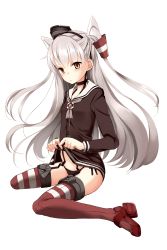 Rule 34 | 10s, 1girl, amatsukaze (kancolle), black panties, brown eyes, choker, clothes lift, dress, dress lift, garter straps, highres, kantai collection, lace, lace-trimmed panties, lace trim, long hair, looking at viewer, panties, personification, red thighhighs, sailor dress, sasakawa arumi, short dress, side-tie panties, silver hair, simple background, skirt, skirt lift, solo, striped clothes, striped thighhighs, thighhighs, twintails, two side up, underwear, upskirt