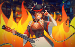 Rule 34 | 1girl, :d, breasts, cleavage, dark skin, dark-skinned female, fire, genshin impact, guitar, hair ornament, highres, instrument, looking at viewer, multicolored hair, nail polish, open mouth, red hair, smile, sofit, solo, spikes, streaked hair, teeth, town, twintails, two-tone hair, wide sleeves, xinyan (genshin impact), yellow eyes