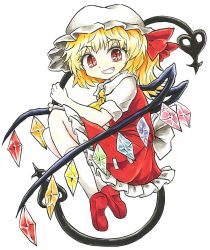 Rule 34 | blonde hair, bow, chups, crystal, dress, fang, flandre scarlet, frilled dress, frills, highres, holding, looking at viewer, medium hair, red bow, red dress, red eyes, red footwear, short sleeves, side ponytail, simple background, sketch, solo, touhou, white background, white bow, white frills, white legwear, white sleeves, wings, yellow neckwear
