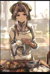 Rule 34 | 1girl, alternate costume, apron, backlighting, blush, bowl, breasts, brown eyes, brown hair, cherry, cooking, croquette, fish, food, fruit, hair intakes, headband, highres, indoors, japanese clothes, jintsuu (kancolle), kantai collection, kappougi, kimono, kitchen, long hair, long sleeves, looking at viewer, medium breasts, nori (seaweed), onigiri, plate, ponytail, rice, seitei (04seitei), smile, solo, table, twitter username, vegetable, water