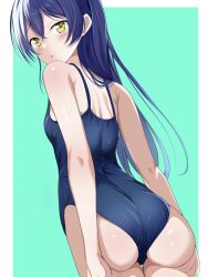 Rule 34 | 1girl, ass, back, blue hair, blue one-piece swimsuit, blush, borgbutler, breasts, from behind, green background, highres, long hair, looking at viewer, looking back, love live!, medium breasts, one-piece swimsuit, school swimsuit, simple background, solo, sonoda umi, swimsuit, thighs, yellow eyes