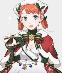 Rule 34 | 1girl, annette fantine dominic, blue eyes, bow, bowtie, braided hair rings, breasts, cape, christmas, cleavage, commentary, dress, fire emblem, fire emblem: three houses, fire emblem heroes, fire emblem warriors: three hopes, fur-trimmed cape, fur-trimmed sleeves, fur trim, gauntlets, gift, gloves, green gloves, green sleeves, grey background, hair ornament, hair rings, headdress, highres, holding, holding gift, looking at viewer, medium breasts, nintendo, official alternate costume, official alternate hairstyle, orange hair, peach11 01, red cape, short hair, simple background, smile, solo, swept bangs, white dress